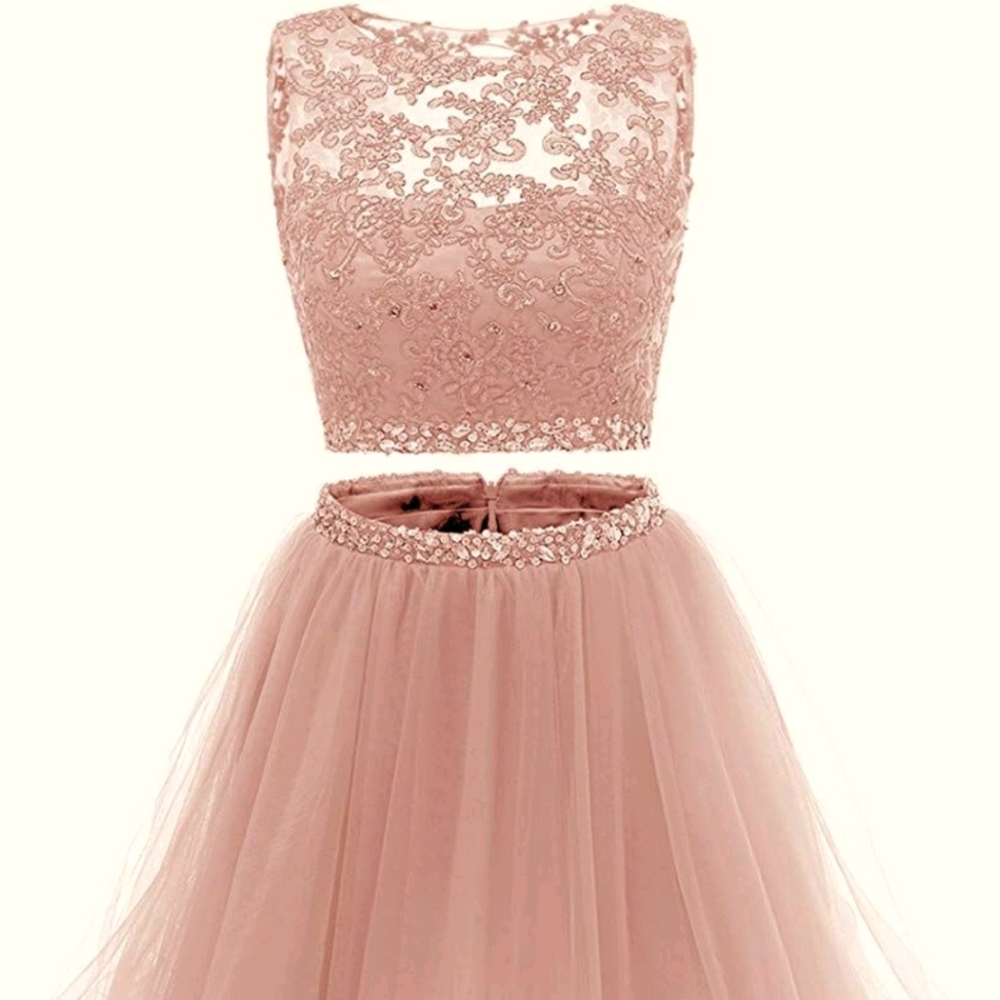 2 Piece Blush Pink Embellished Lace Tulle Homecoming Formal Hoco Dress